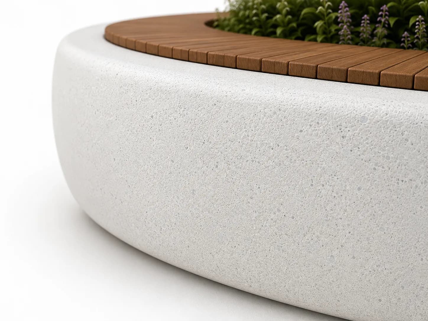 Orlen Planter Seating Unit — detail close-up — off-white concrete + iroko