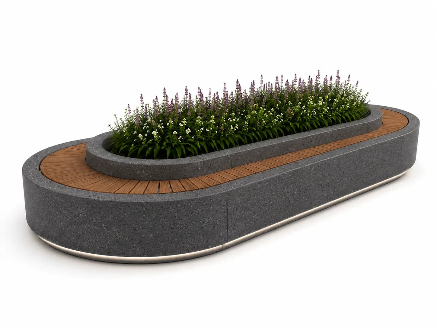Ovena Planter Seating — 3/4 perspective — basalt concrete + sapelli