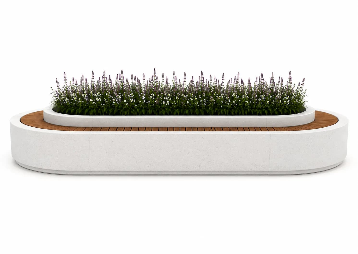 Ovena Planter Seating — front view — off-white concrete + iroko