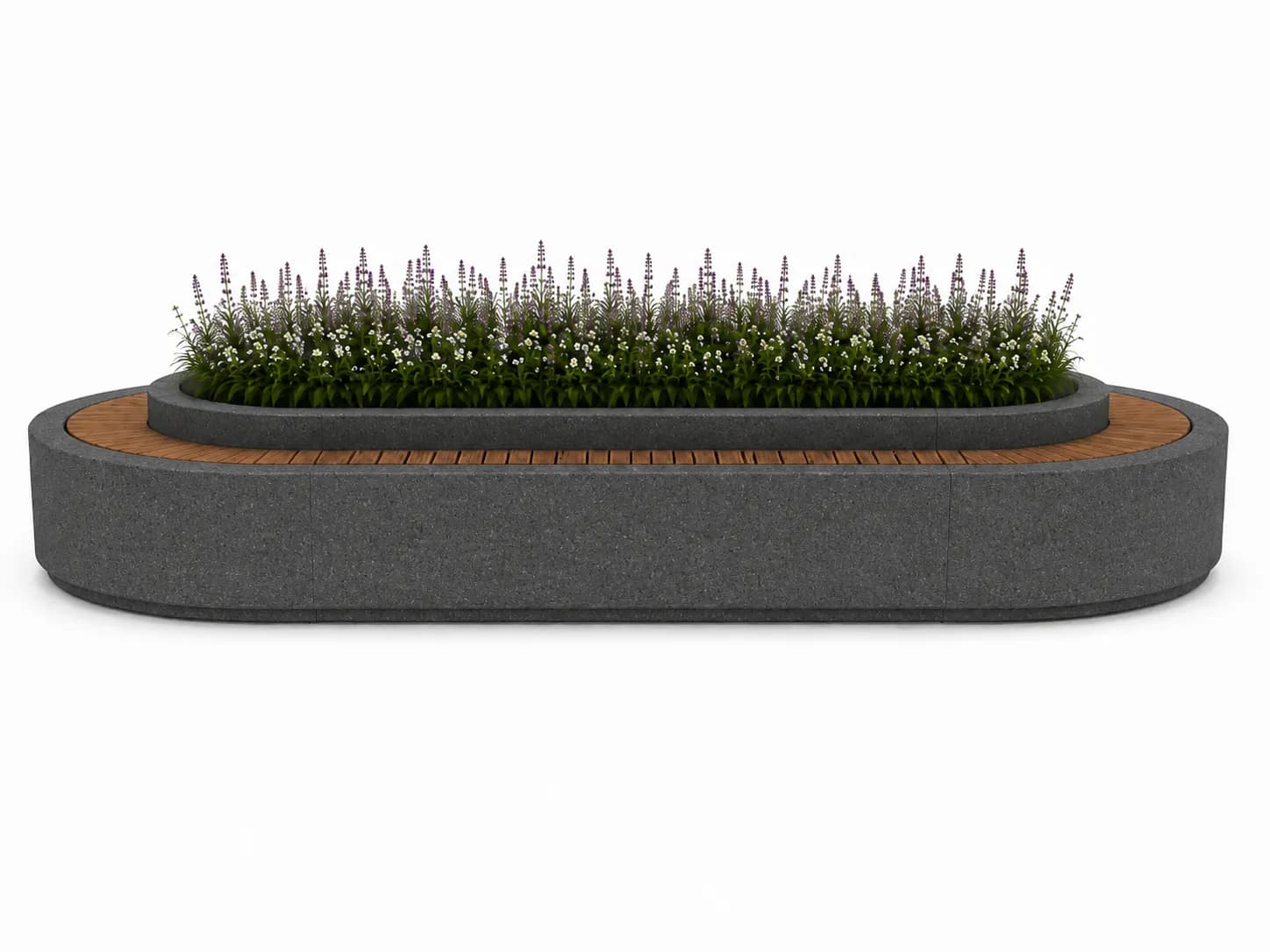 Ovena Planter Seating — front view — basalt concrete + sapelli