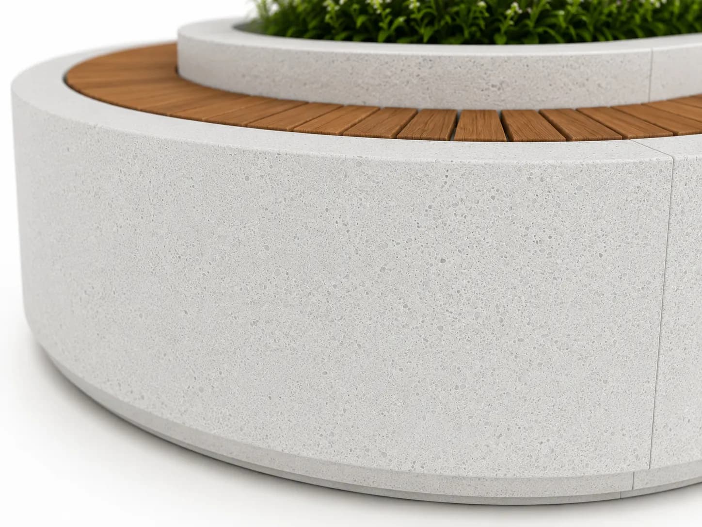 Ovena Planter Seating — detail close-up — off-white concrete + iroko