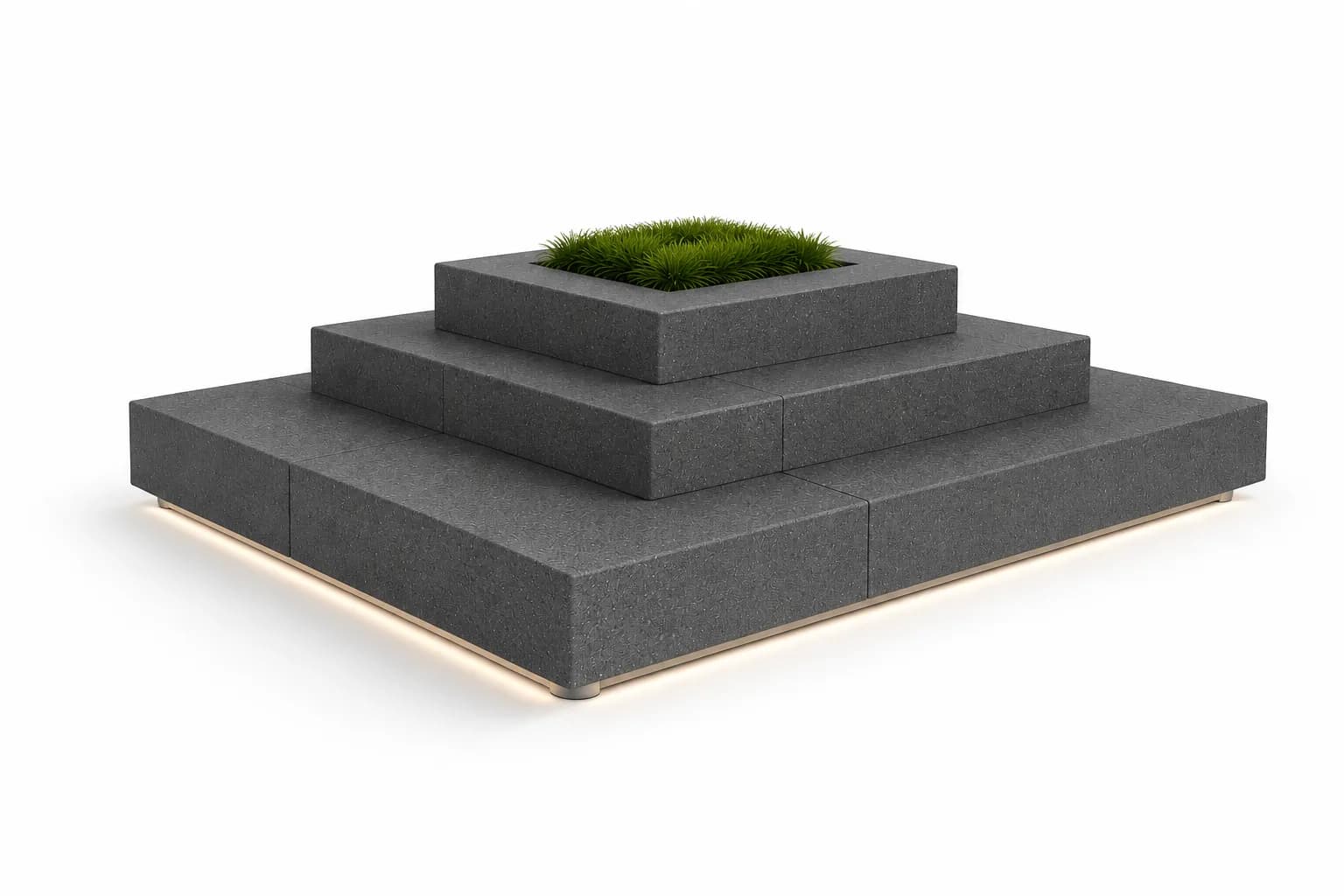Caven Planter Seating Unit — 3/4 perspective — basalt concrete + sapelli