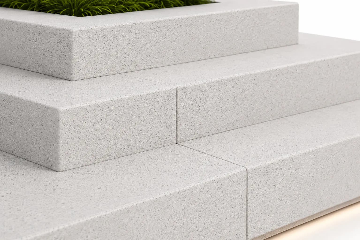 Caven Planter Seating Unit — detail close-up — off-white concrete + iroko