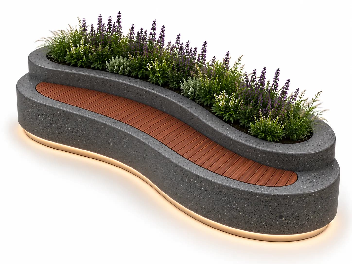 SYLVA Planter Seating Unit — 3/4 perspective — basalt concrete + sapelli