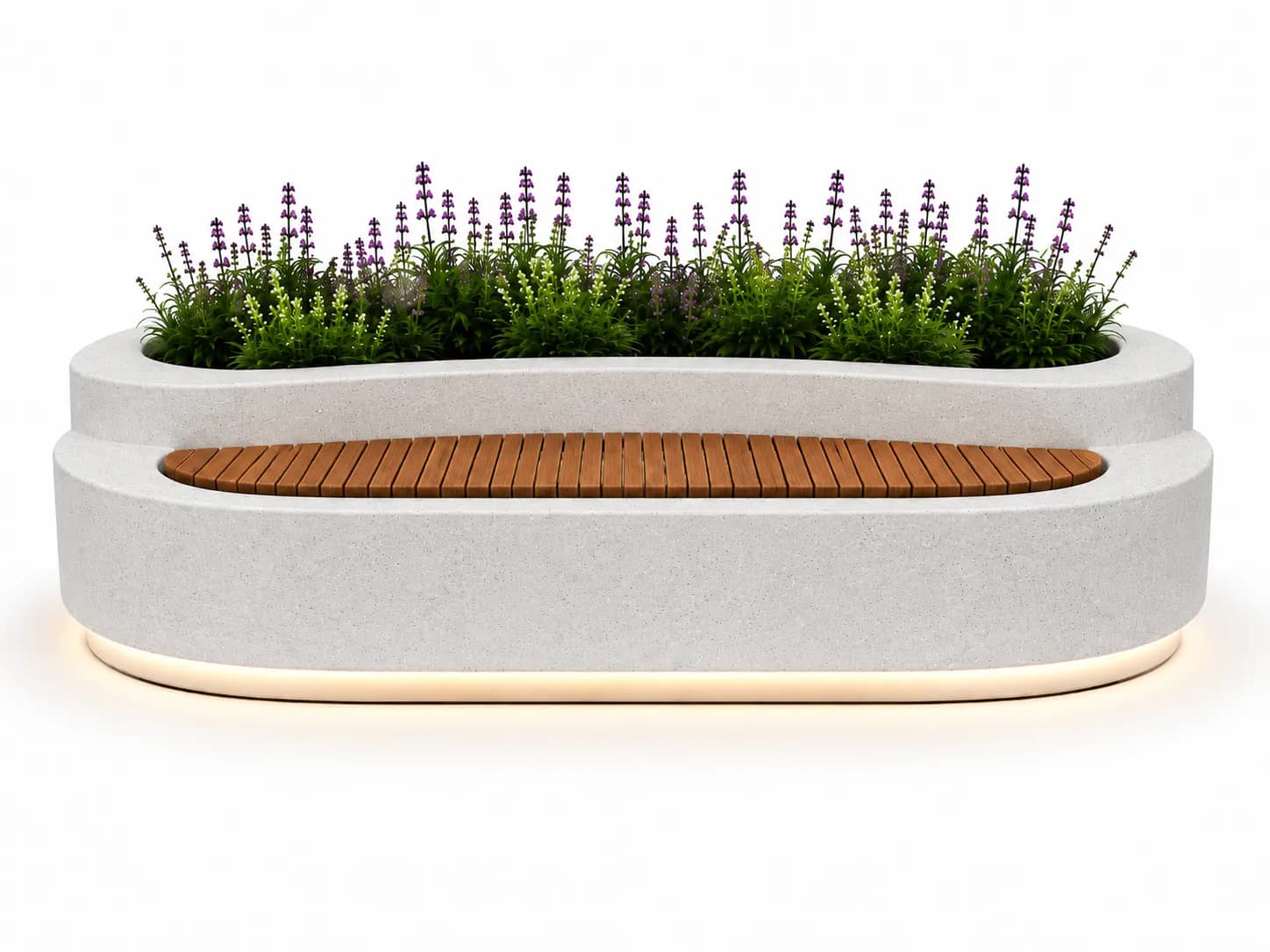 SYLVA Planter Seating Unit — front view — off-white concrete + iroko