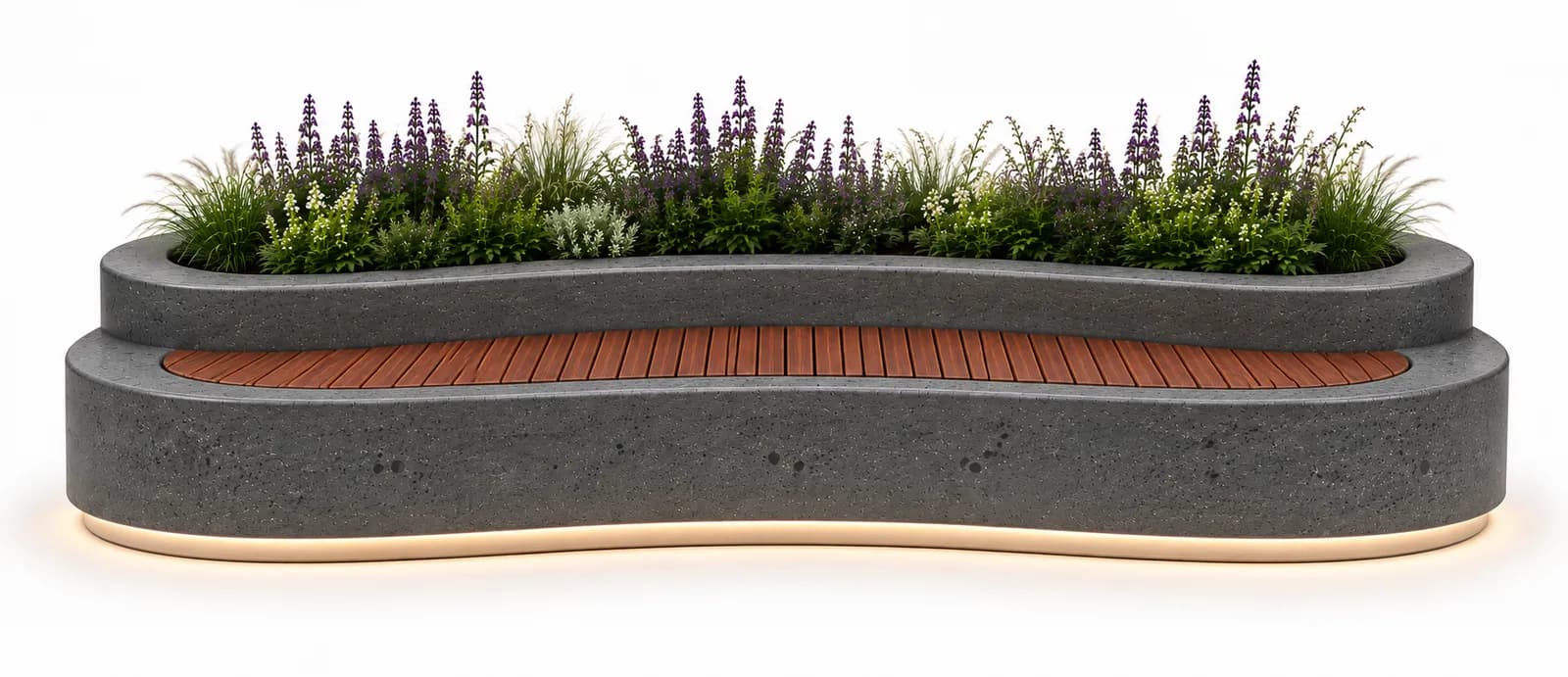 SYLVA Planter Seating Unit — front view — basalt concrete + sapelli