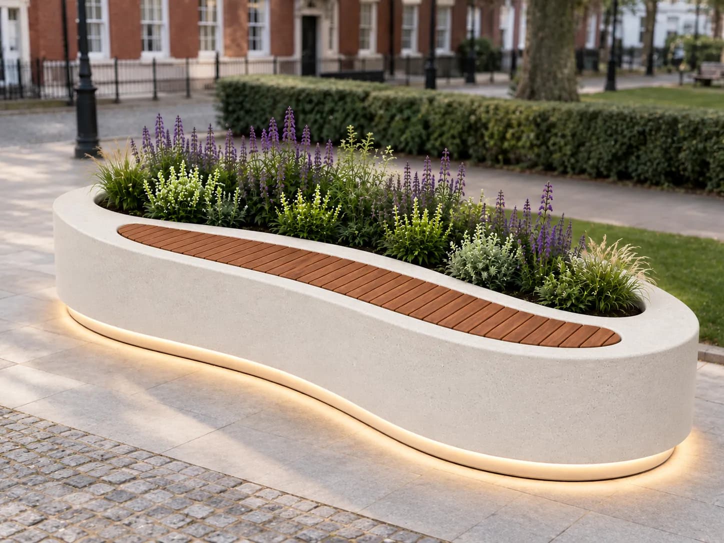 SYLVA Planter Seating Unit — in context — off-white concrete + iroko