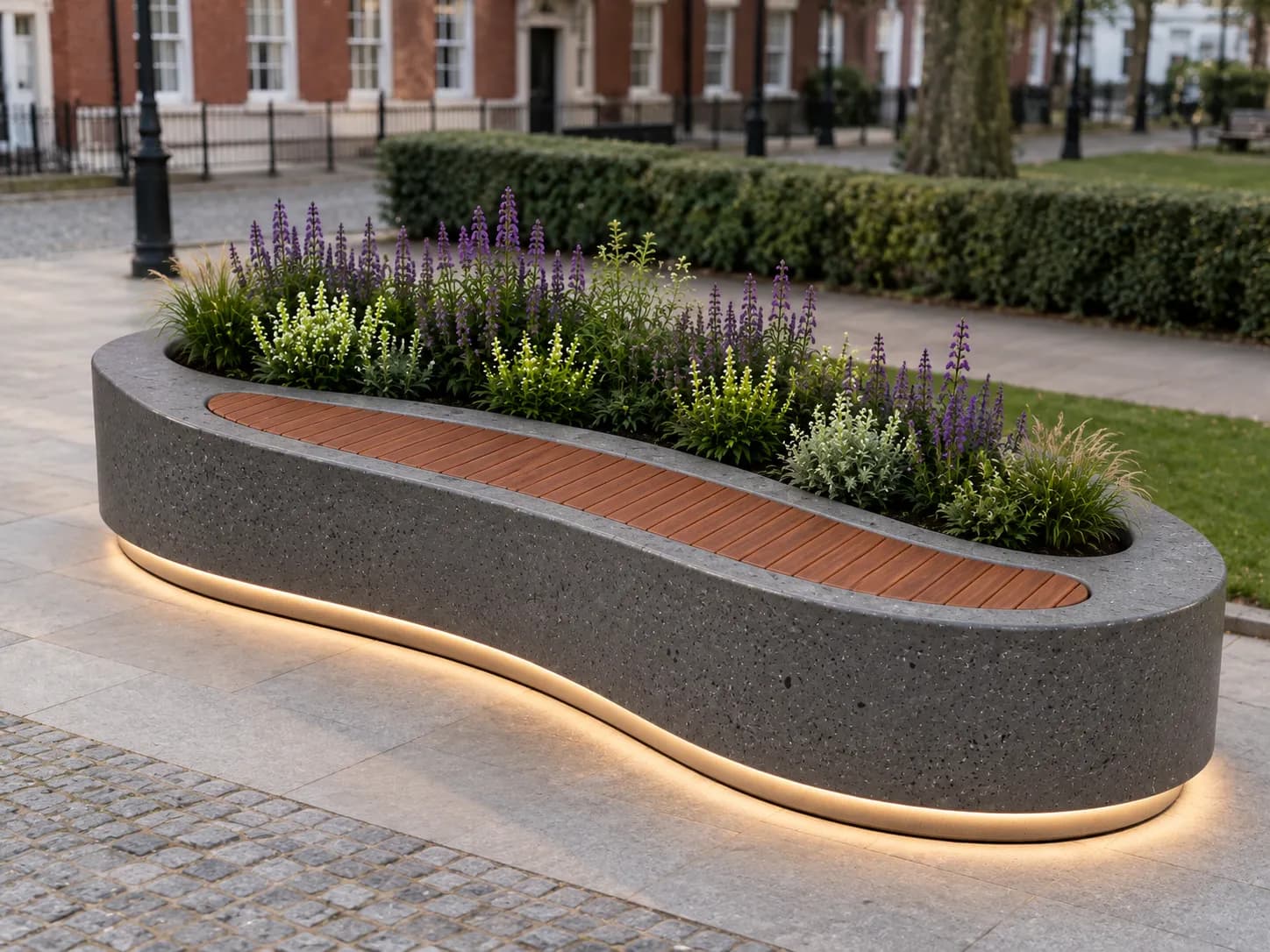 SYLVA Planter Seating Unit — in context — basalt concrete + sapelli