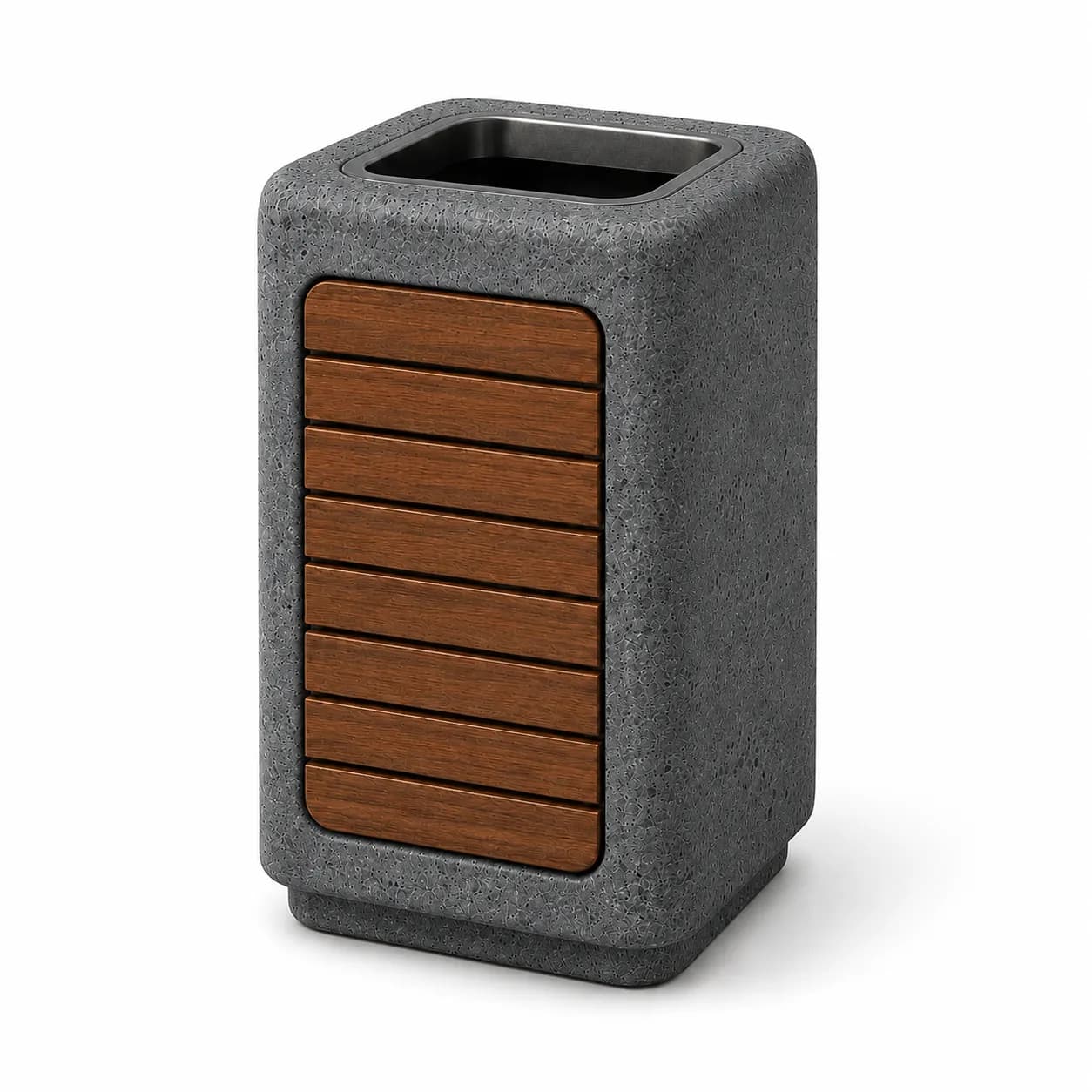 Orlen Litter Bin — 3/4 perspective — basalt concrete + sapelli
