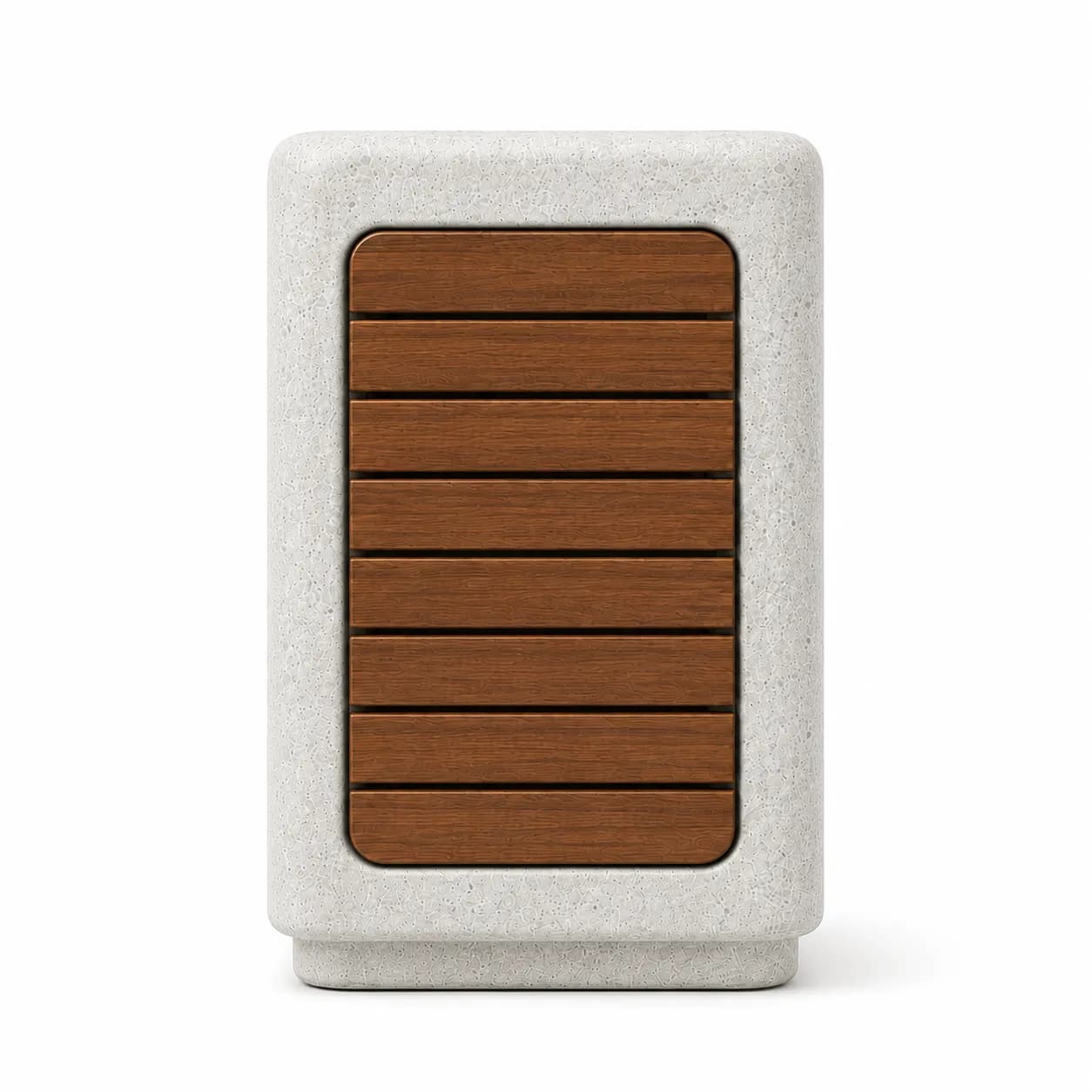 Orlen Litter Bin — front view — off-white concrete + iroko