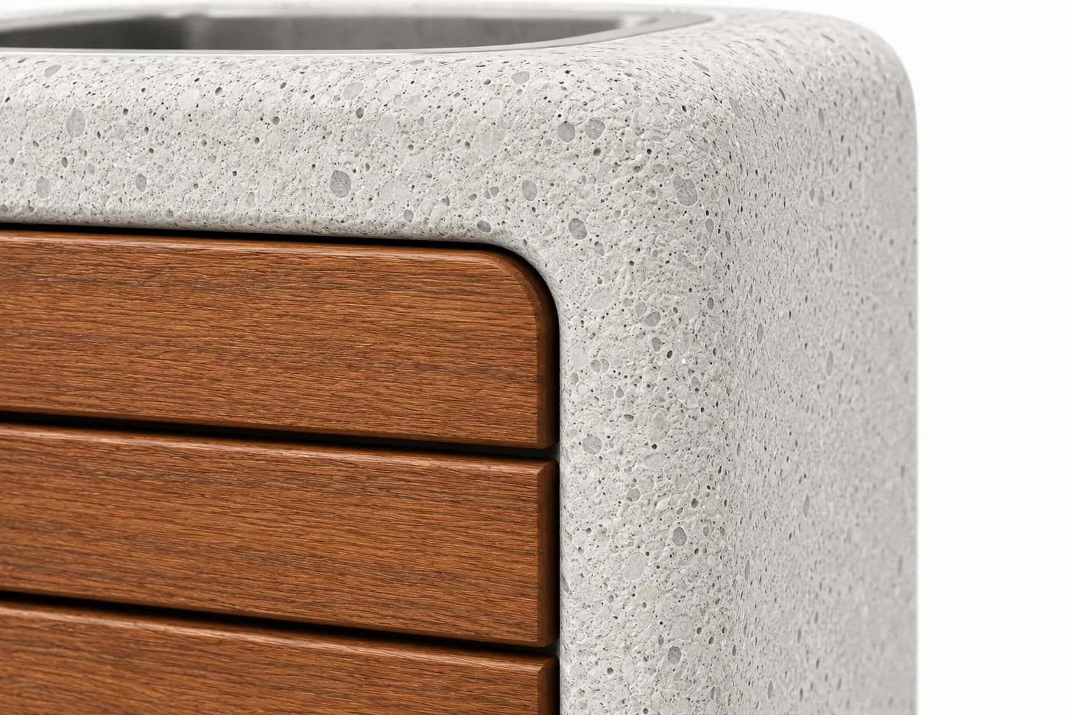 Orlen Litter Bin — detail close-up — off-white concrete + iroko