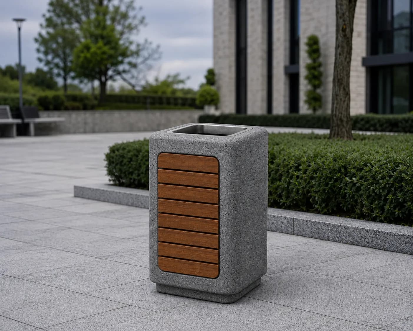 Orlen Litter Bin — in context — basalt concrete + sapelli