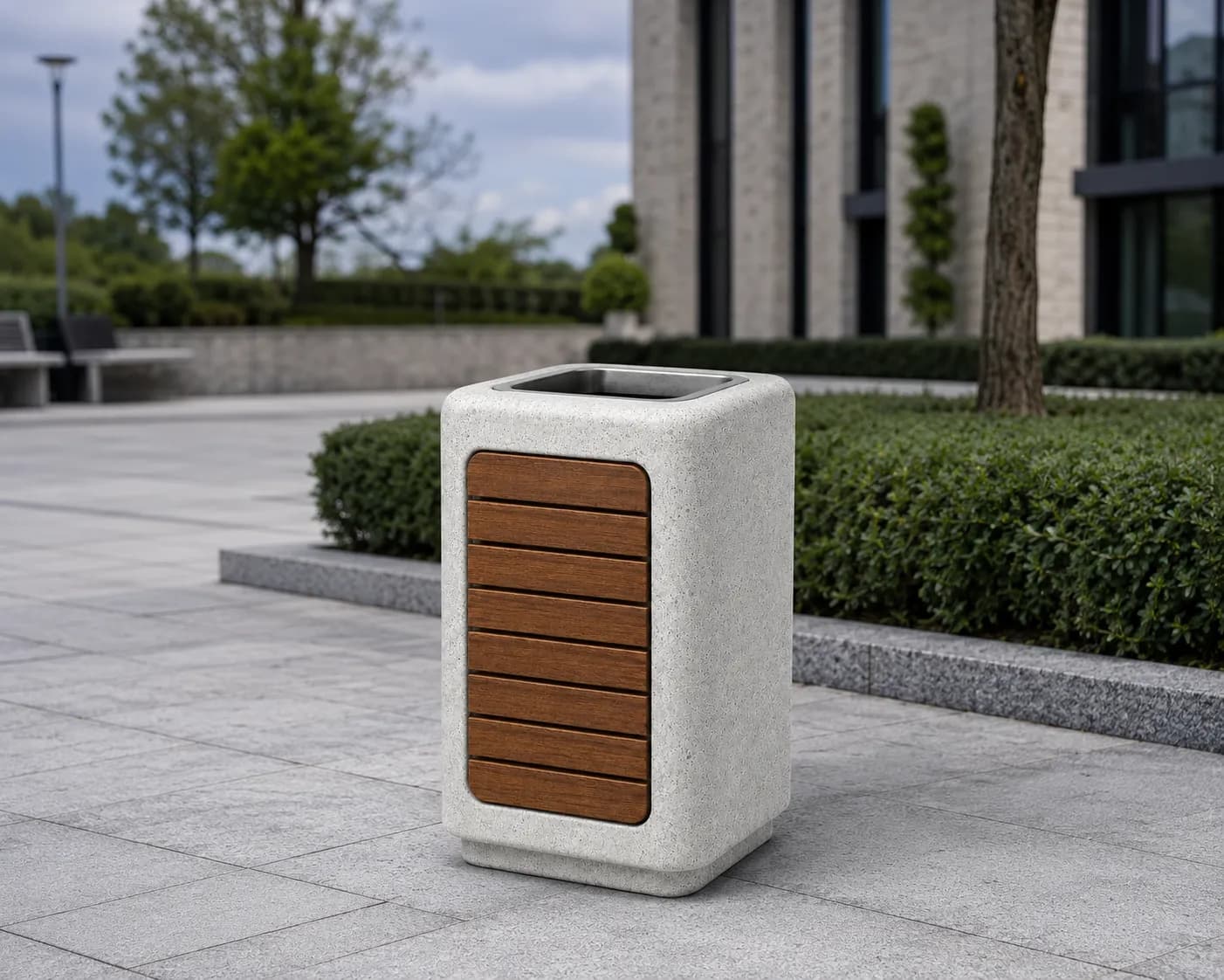 Orlen Litter Bin — in context — off-white concrete + iroko