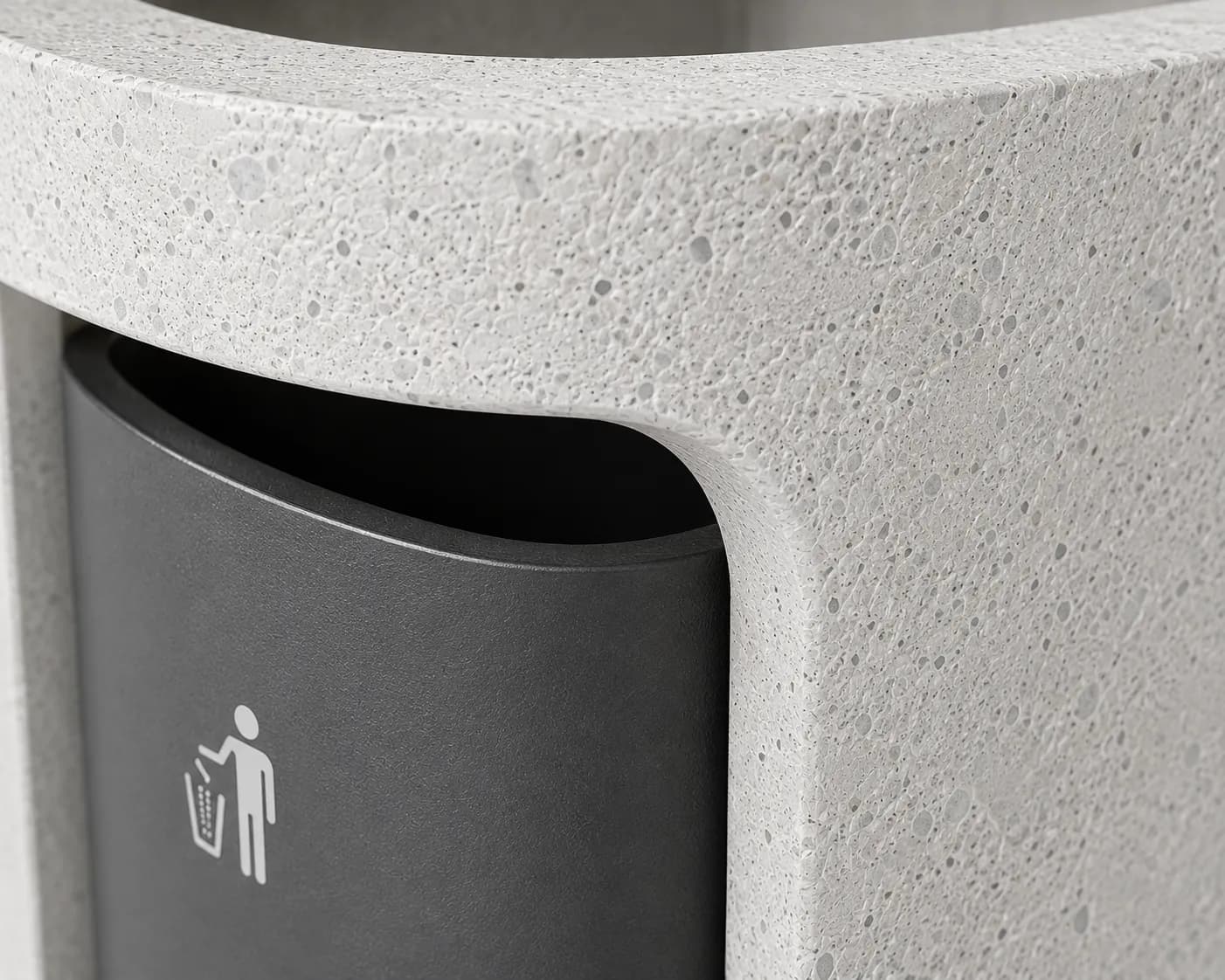 Halo Bin — front view — off-white concrete + iroko