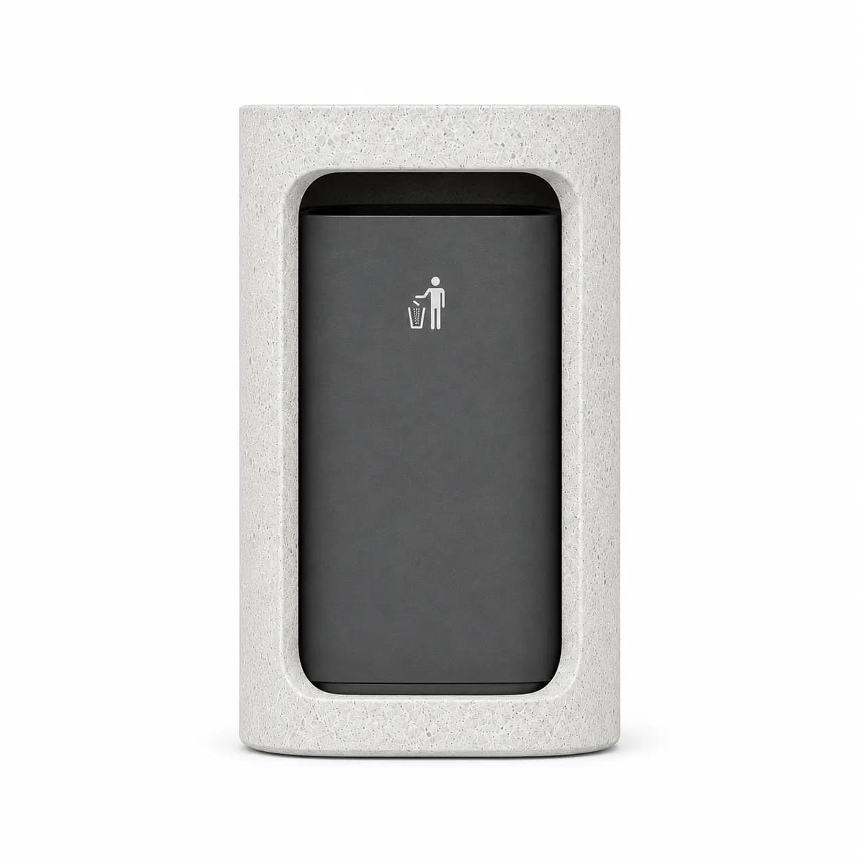 Halo Bin — front view — off-white concrete + iroko