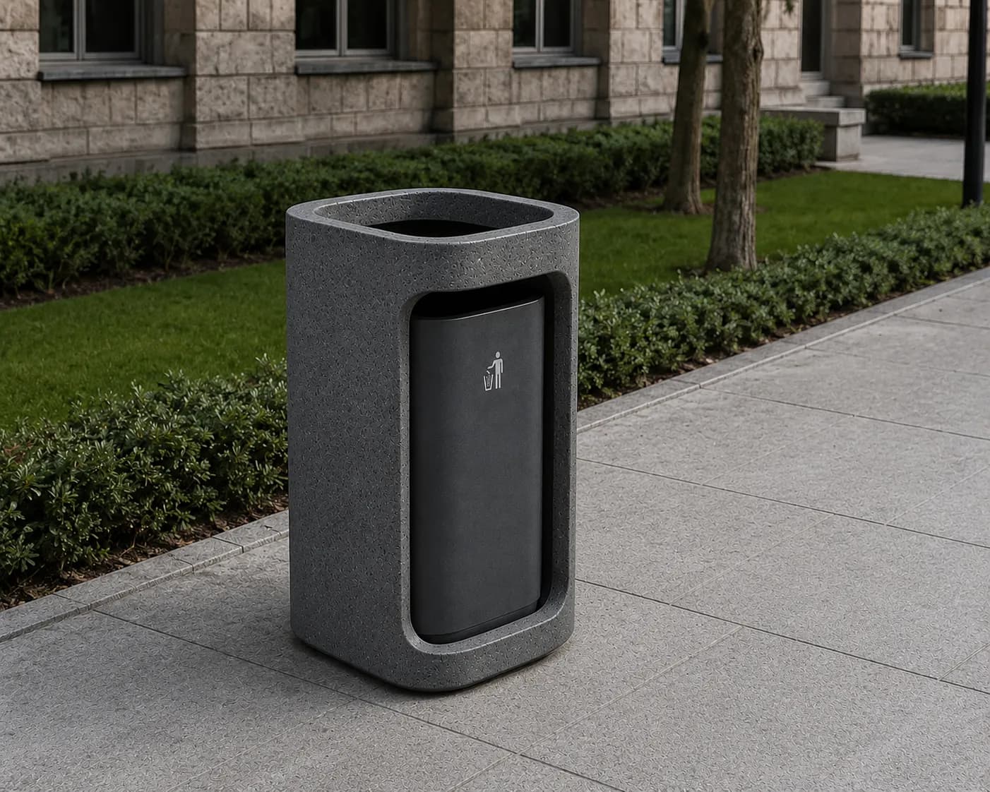 Halo Bin — in context — basalt concrete + sapelli