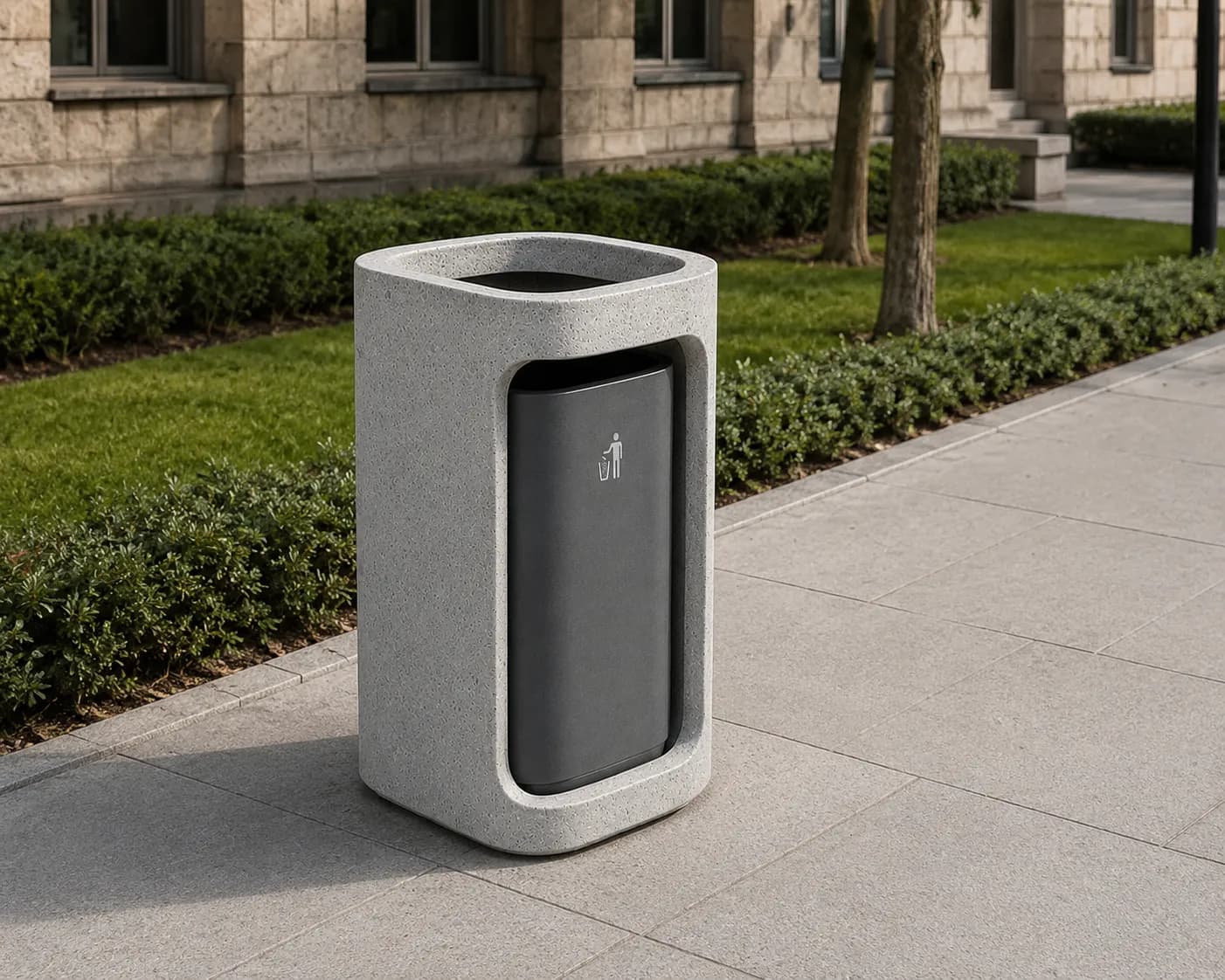 Halo Bin — in context — off-white concrete + iroko