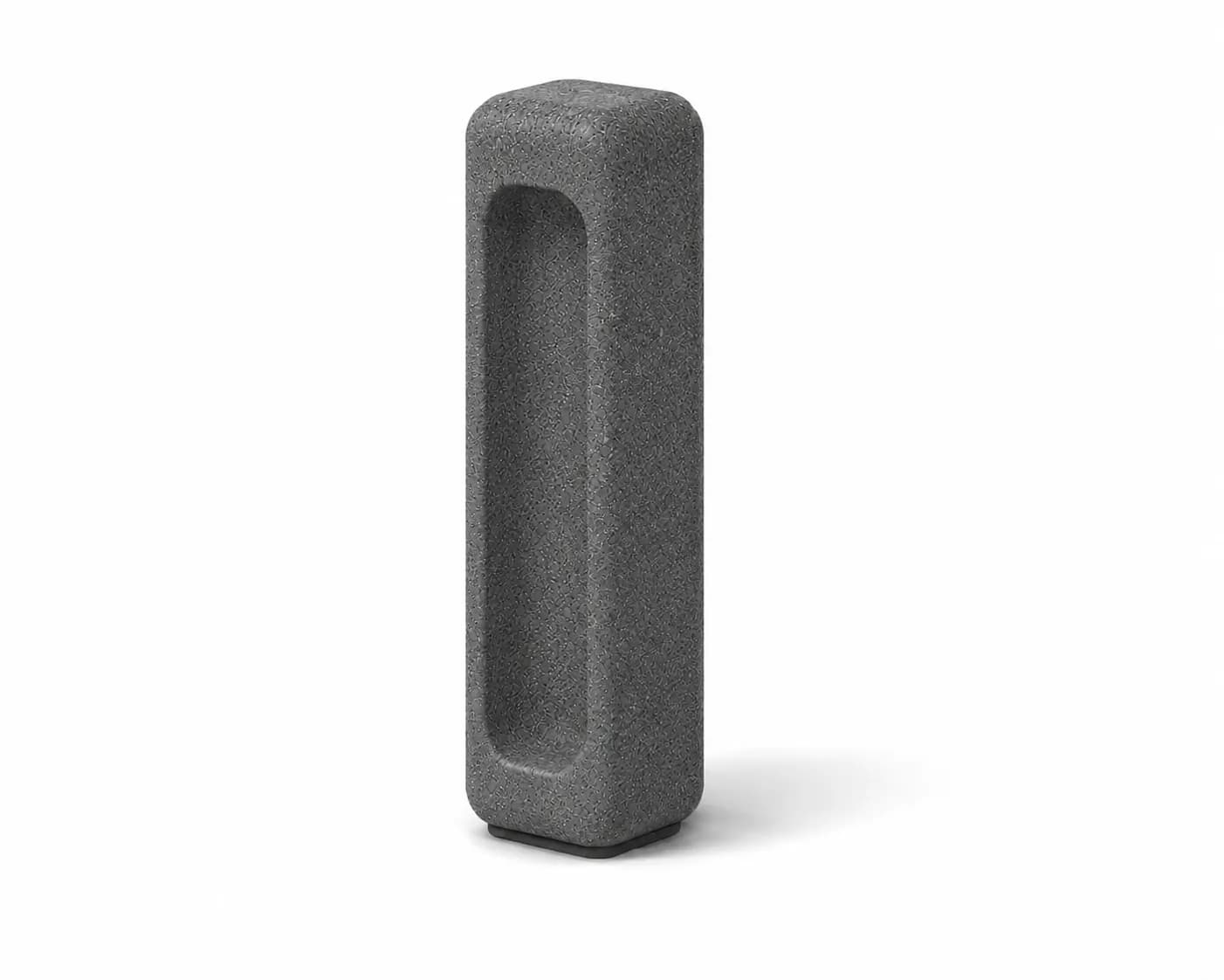 Halo Bollard Frame — 3/4 perspective — basalt concrete + sapelli