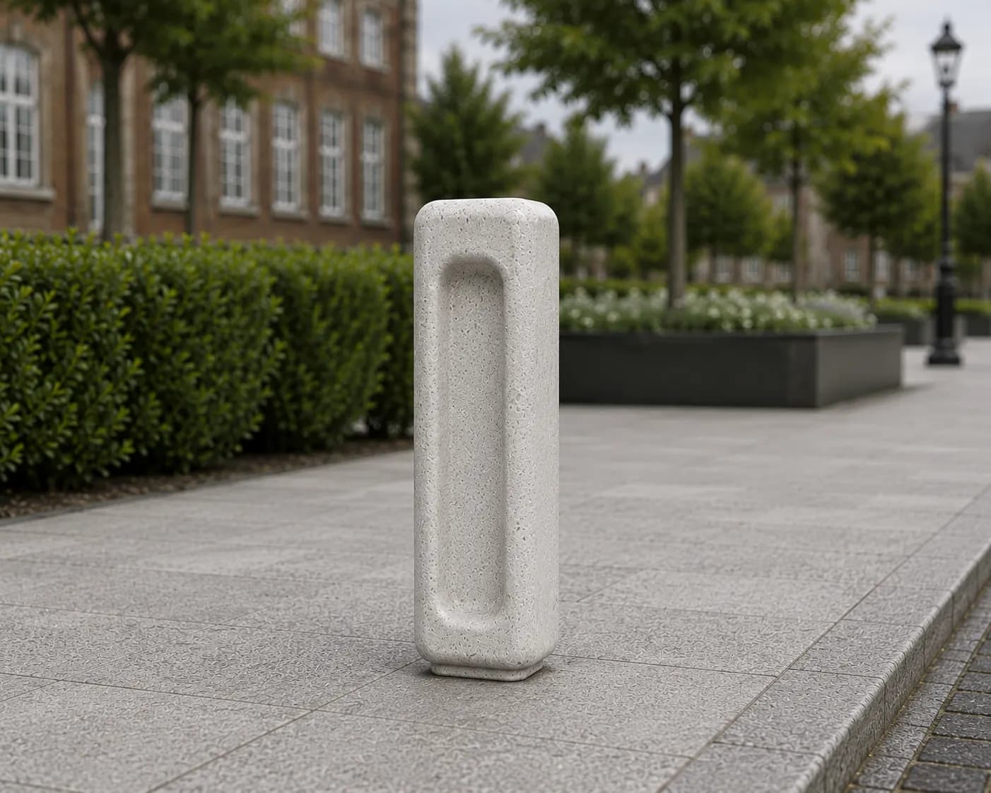 Halo Bollard Frame — in context — off-white concrete + iroko