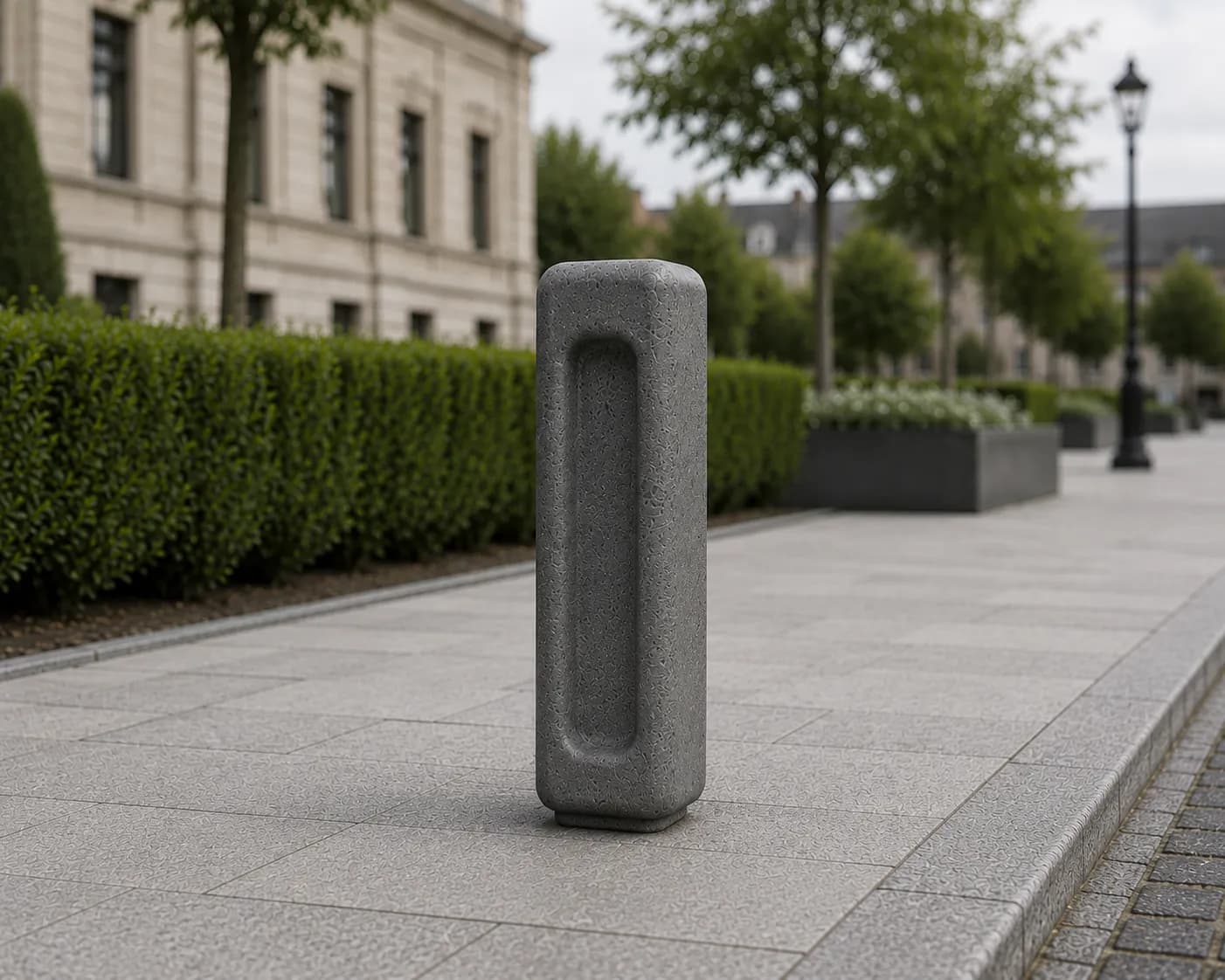 Halo Bollard Frame — in context — basalt concrete + sapelli