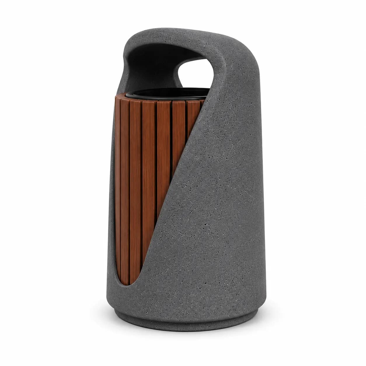 Lıvora Glide Litter Bin — 3/4 perspective — basalt concrete + sapelli