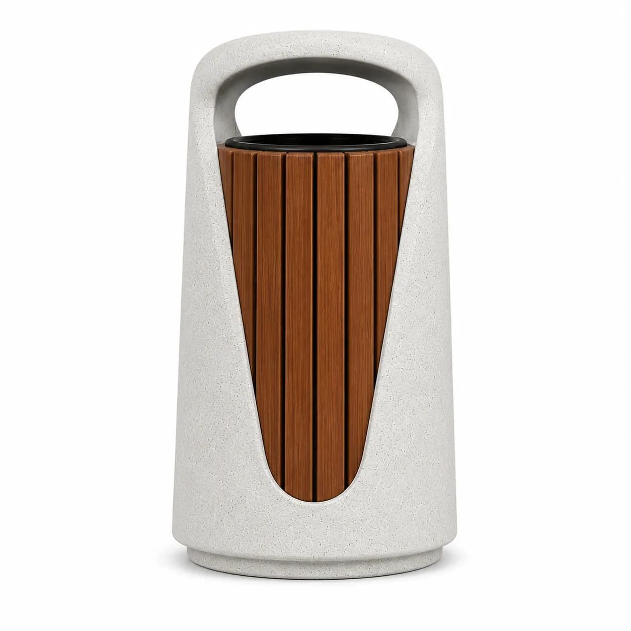 Lıvora Glide Litter Bin — front view — off-white concrete + iroko