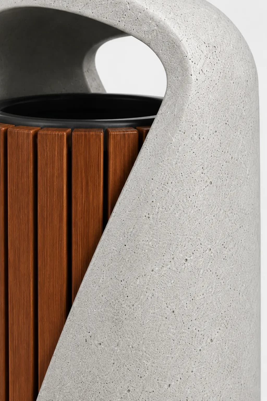 Lıvora Glide Litter Bin — detail close-up — off-white concrete + iroko