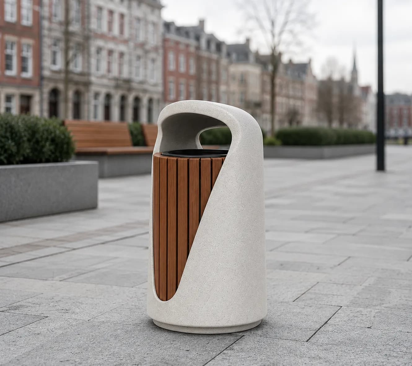Lıvora Glide Litter Bin — in context — off-white concrete + iroko
