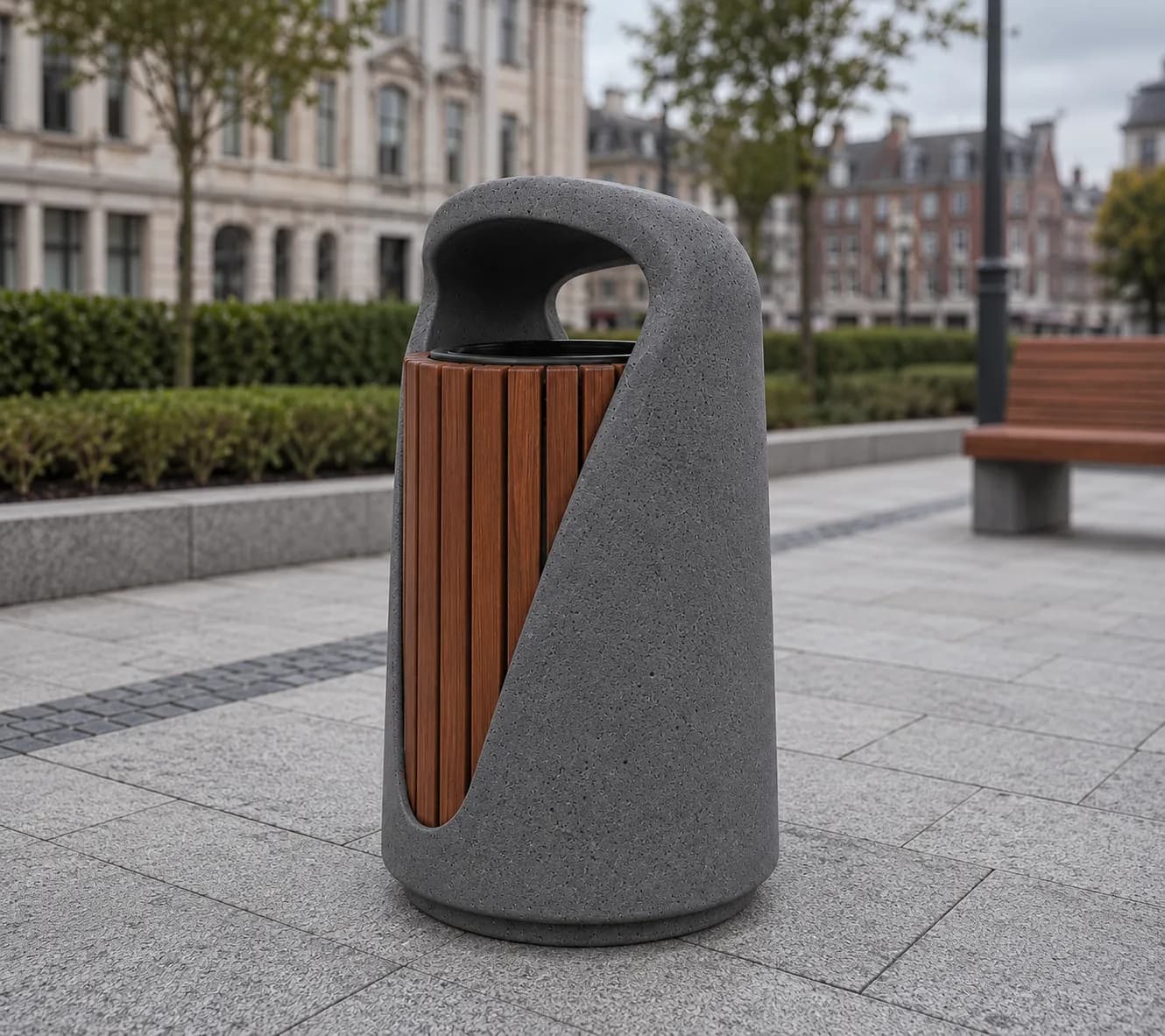 Lıvora Glide Litter Bin — in context — basalt concrete + sapelli