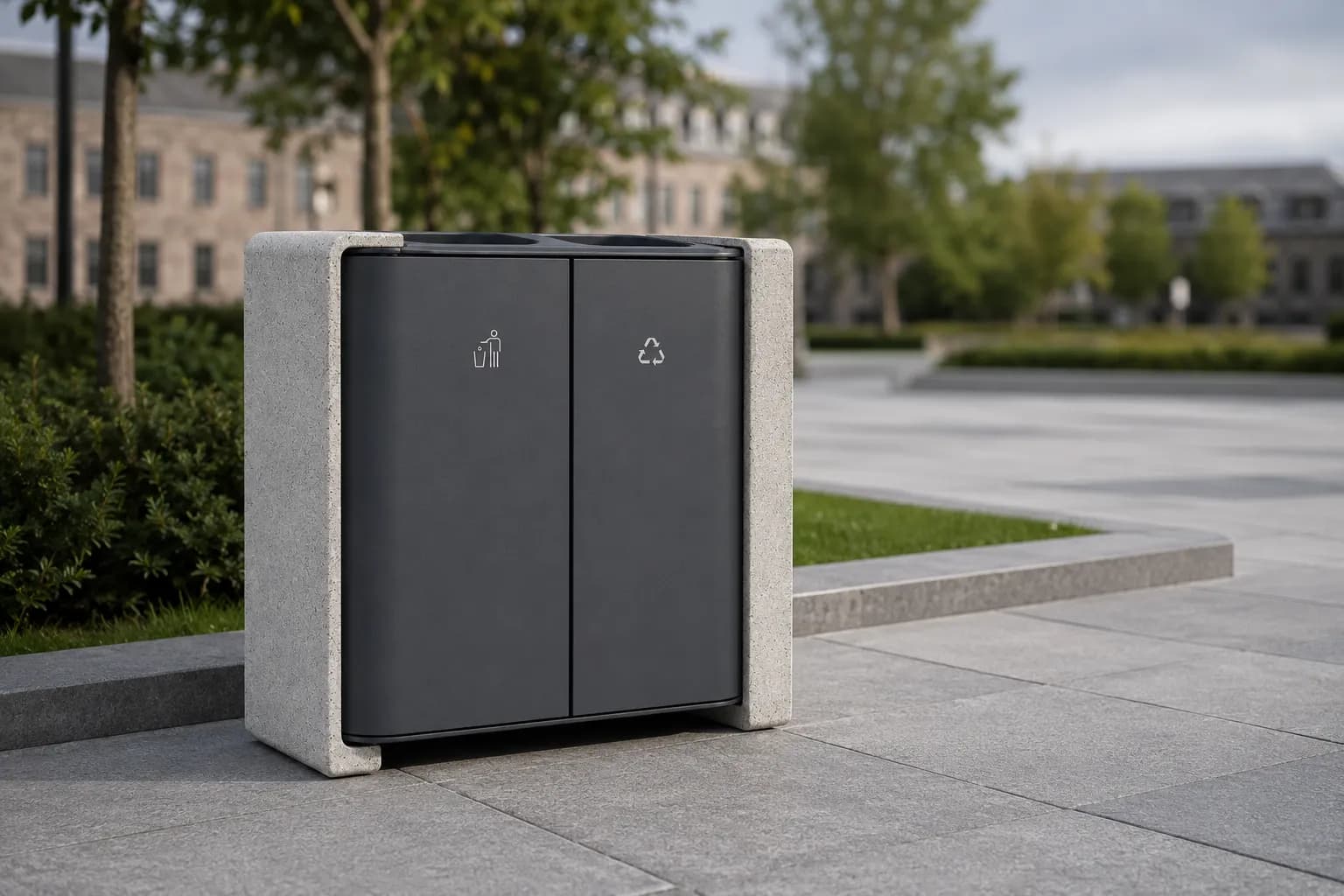 Stay Recycle Bin — in context — off-white concrete + iroko