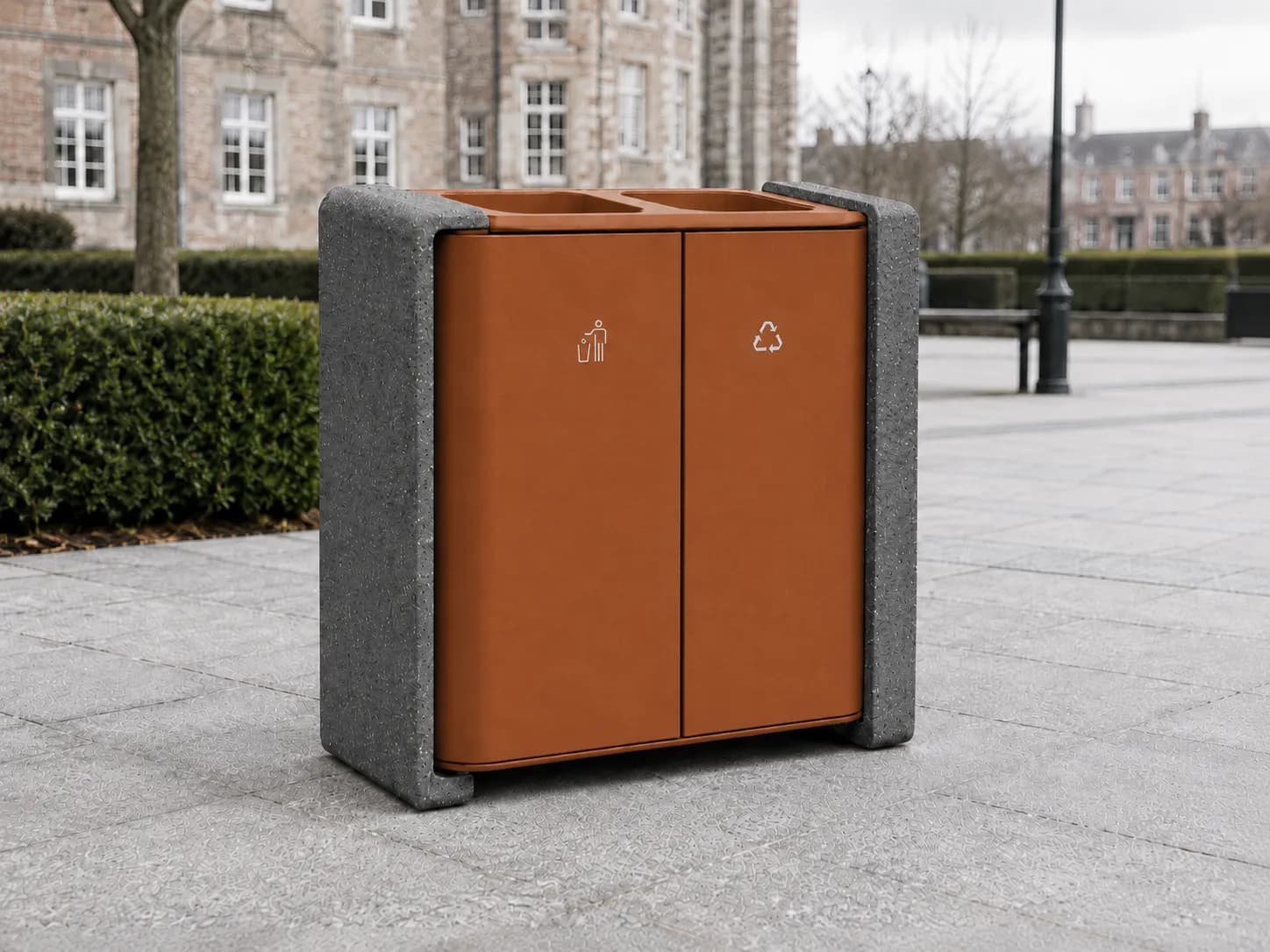 Stay Recycle Bin — in context — basalt concrete + sapelli