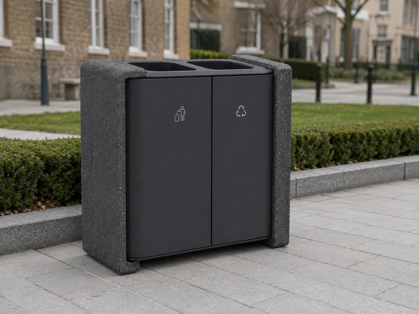 Stay Recycle Bin — in context — basalt concrete + sapelli