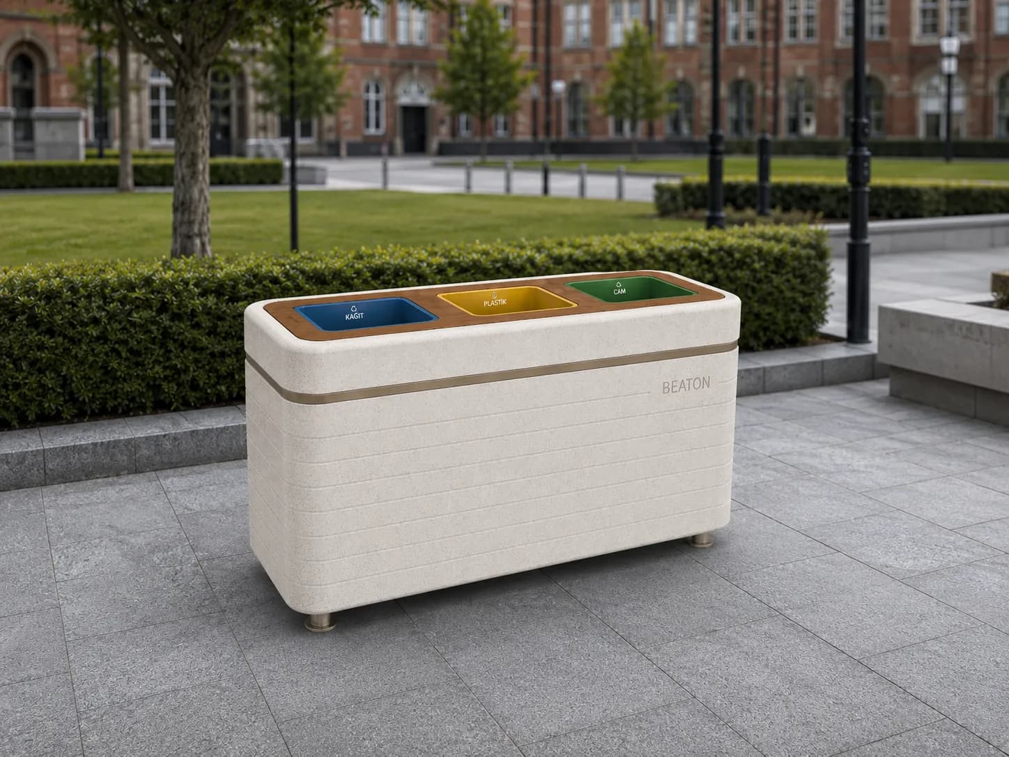 Liora Recycle Bin — in context — off-white concrete + iroko