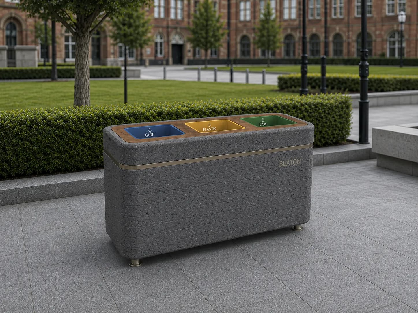 Liora Recycle Bin — in context — basalt concrete + sapelli