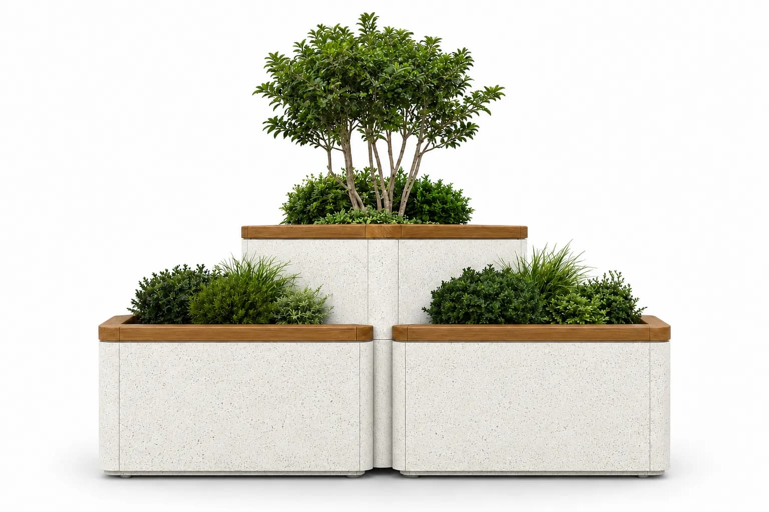 Caven Trio Planter — front view — off-white concrete + iroko
