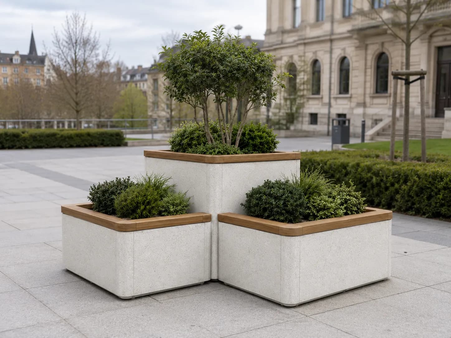 Caven Trio Planter — in context — off-white concrete + iroko