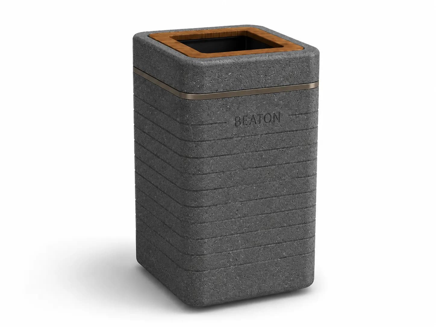 Liora Litter Bin — 3/4 perspective — basalt concrete + sapelli