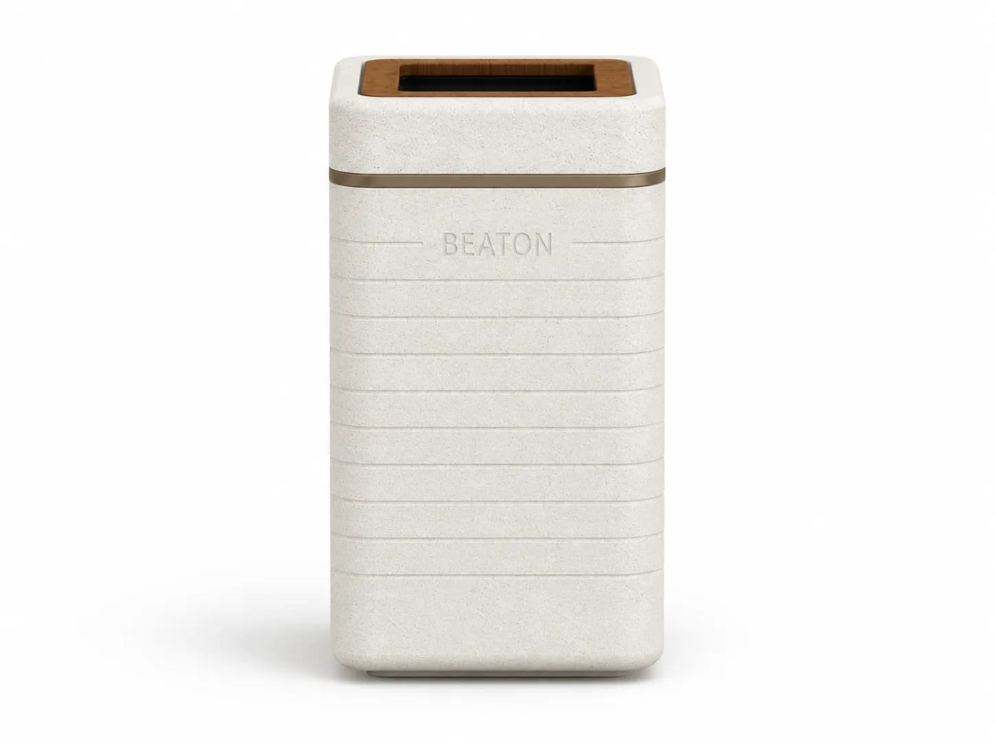 Liora Litter Bin — front view — off-white concrete + iroko
