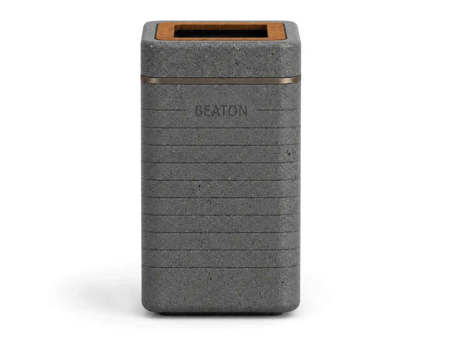 Liora Litter Bin — front view — basalt concrete + sapelli