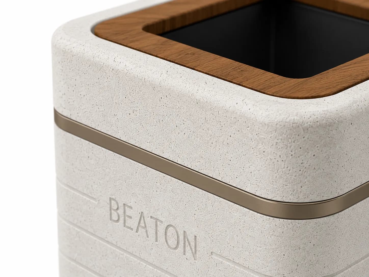 Liora Litter Bin — detail close-up — off-white concrete + iroko