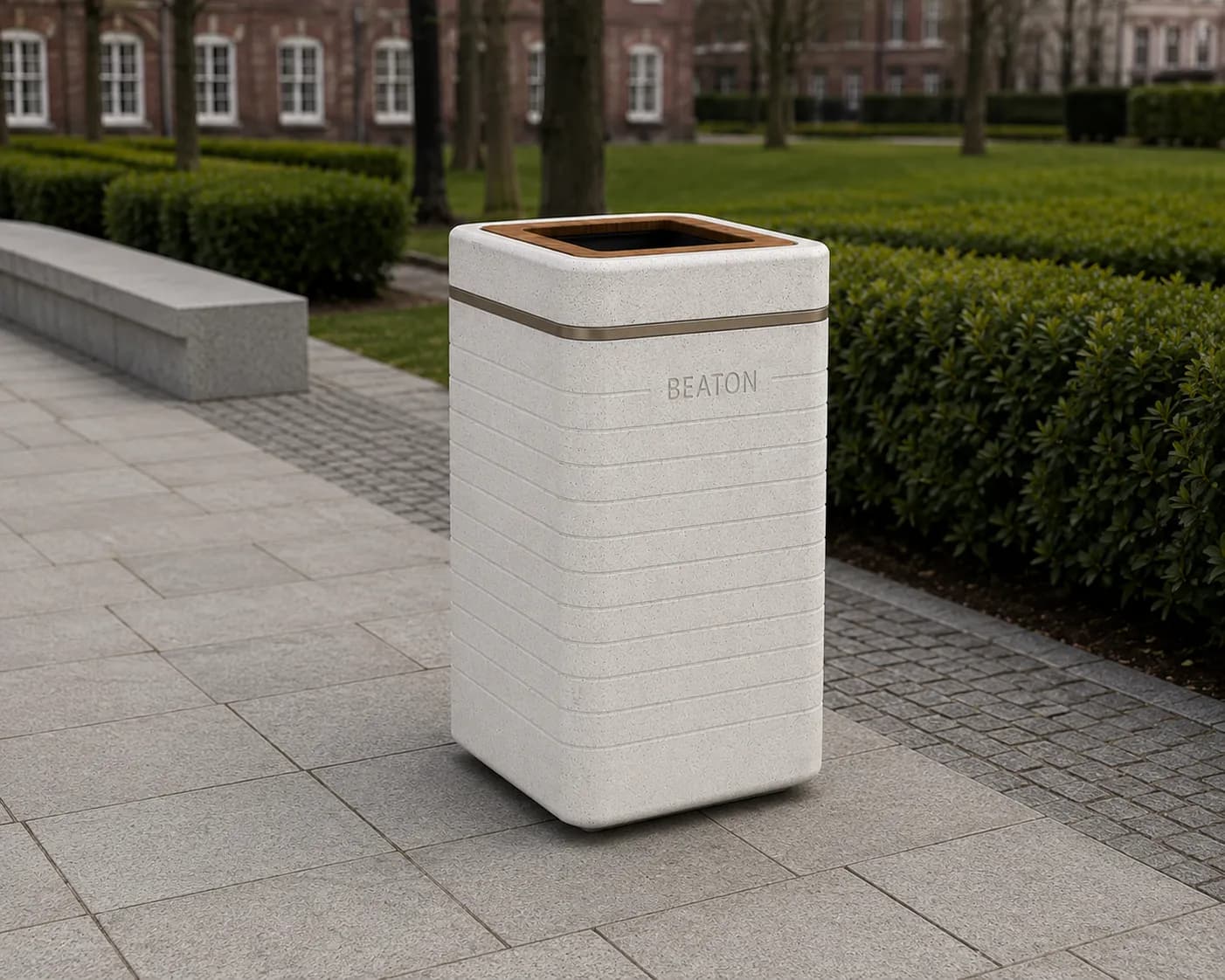 Liora Litter Bin — in context — off-white concrete + iroko