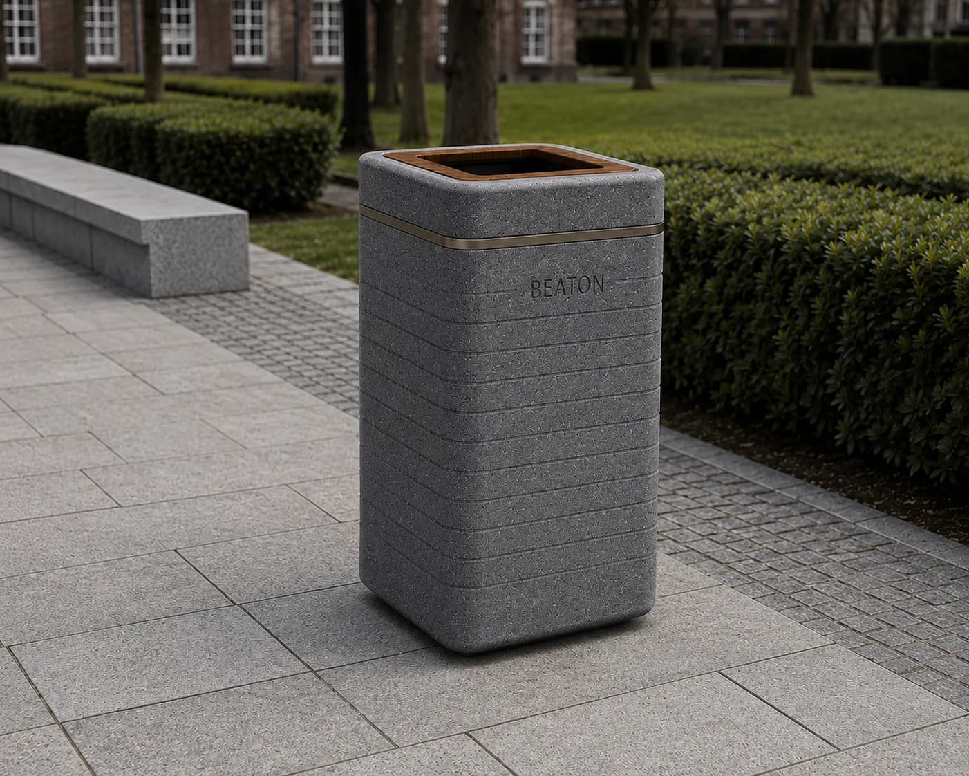Liora Litter Bin — in context — basalt concrete + sapelli