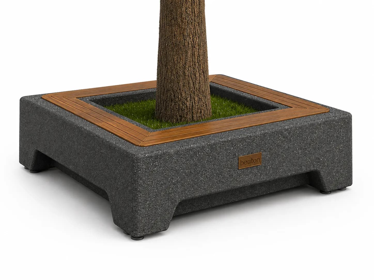 Caven Tree Bench — 3/4 perspective — basalt concrete + sapelli