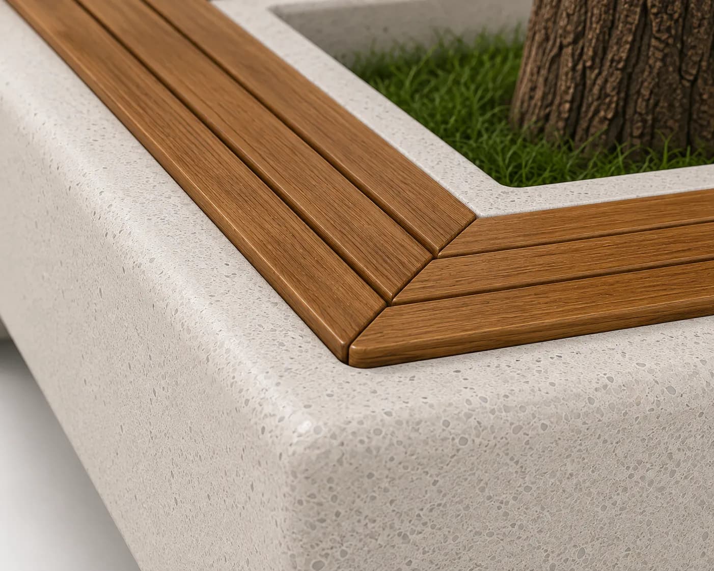 Caven Tree Bench — detail close-up — off-white concrete + iroko