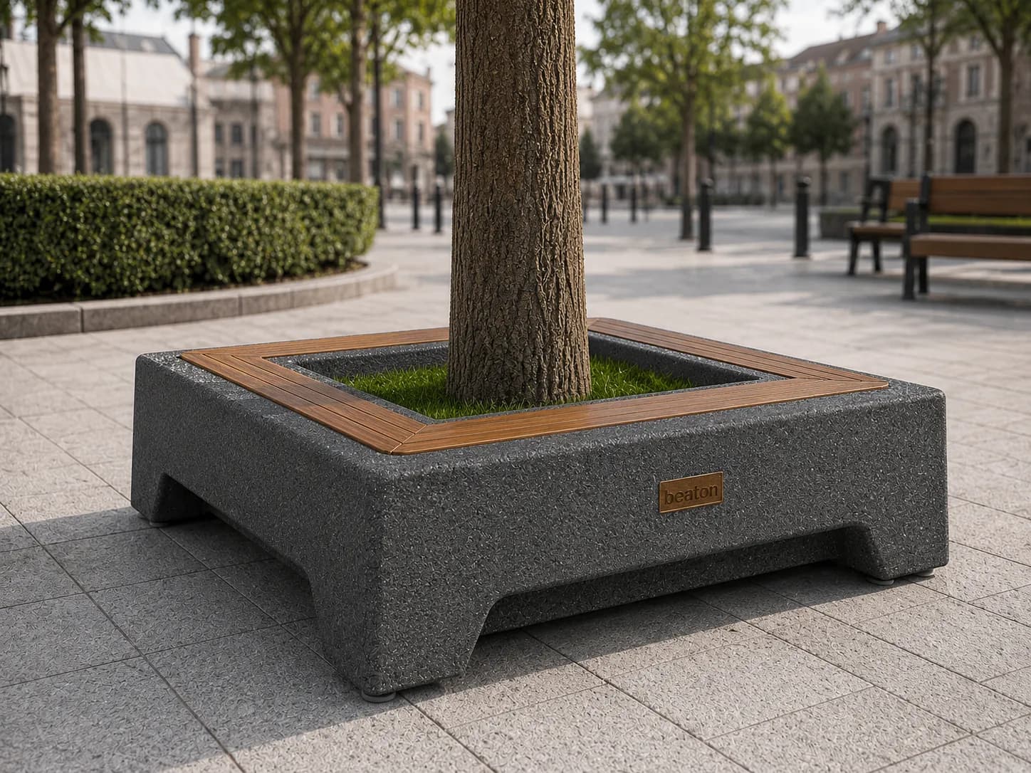 Caven Tree Bench — in context — basalt concrete + sapelli
