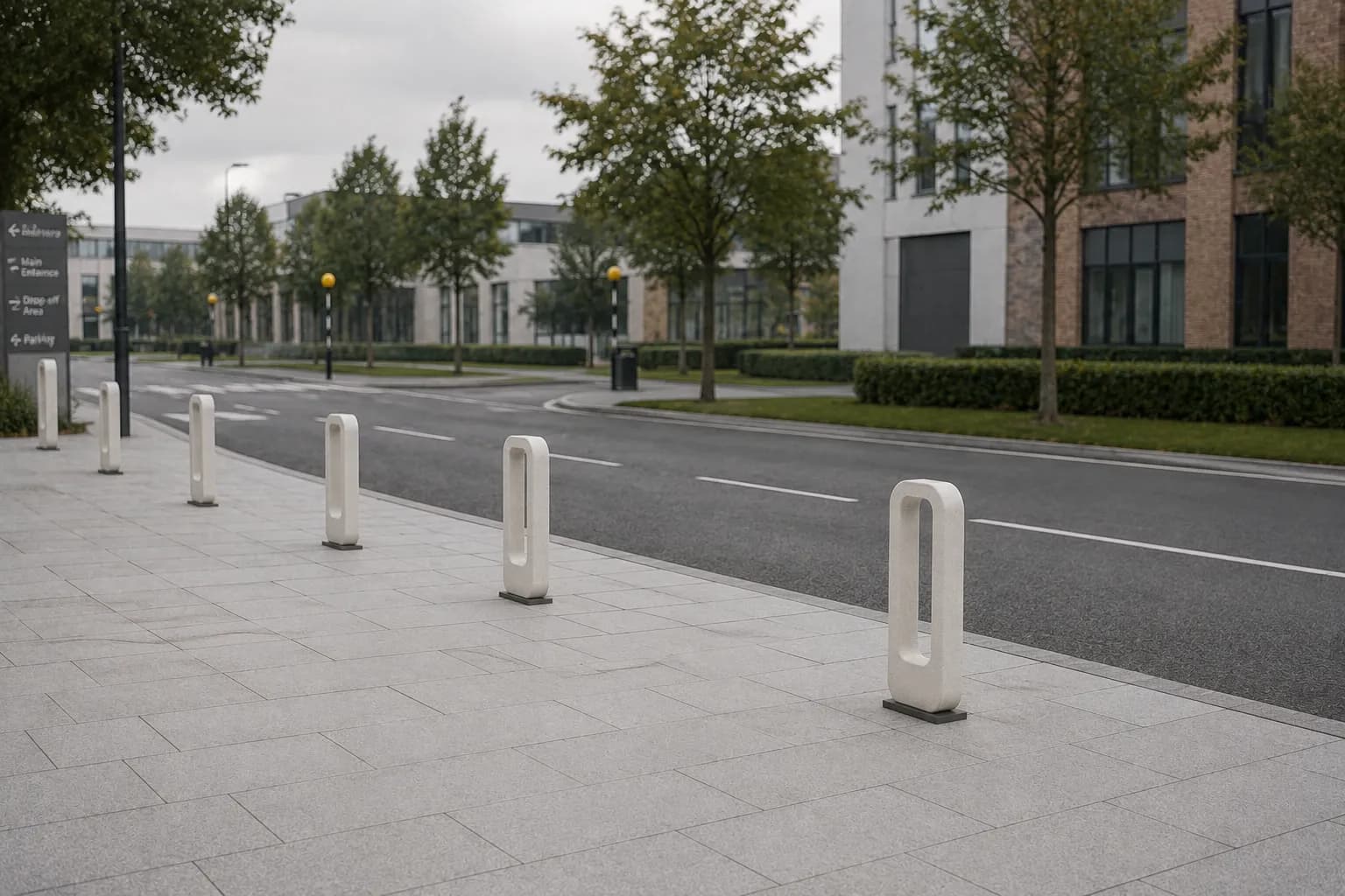 Livora Bollard — in context — off-white concrete + iroko