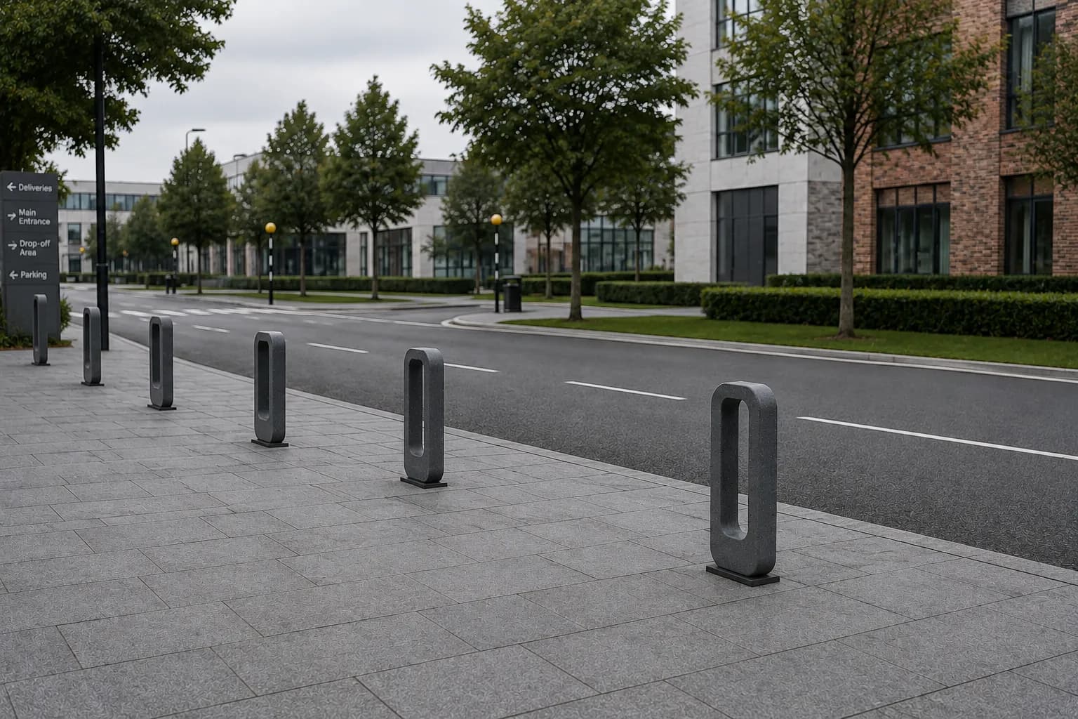 Livora Bollard — in context — off-white concrete + iroko