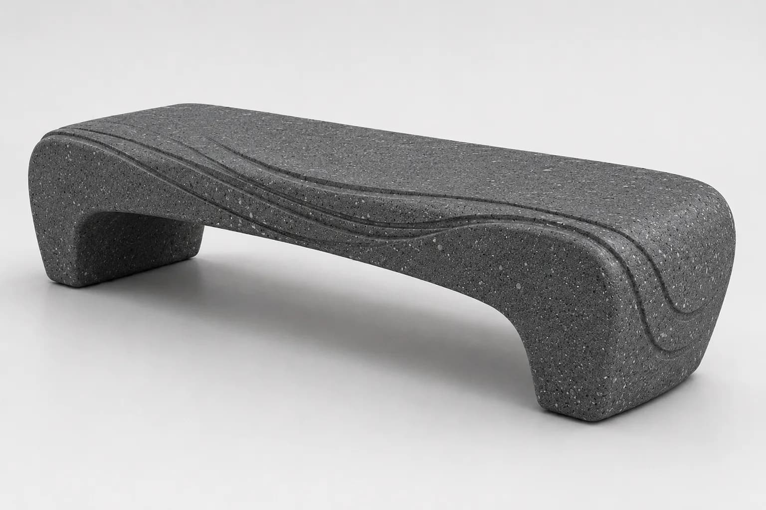 Aura Vela Bench — 3/4 perspective — basalt concrete + sapelli