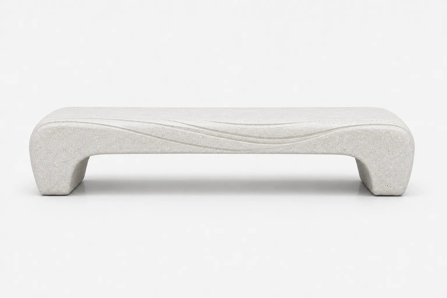 Aura Vela Bench — front view — off-white concrete + iroko