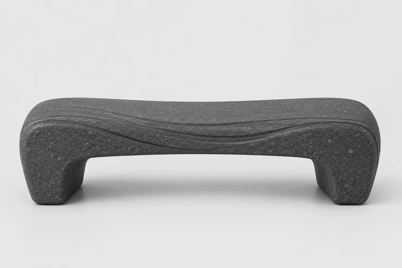 Aura Vela Bench — front view — basalt concrete + sapelli